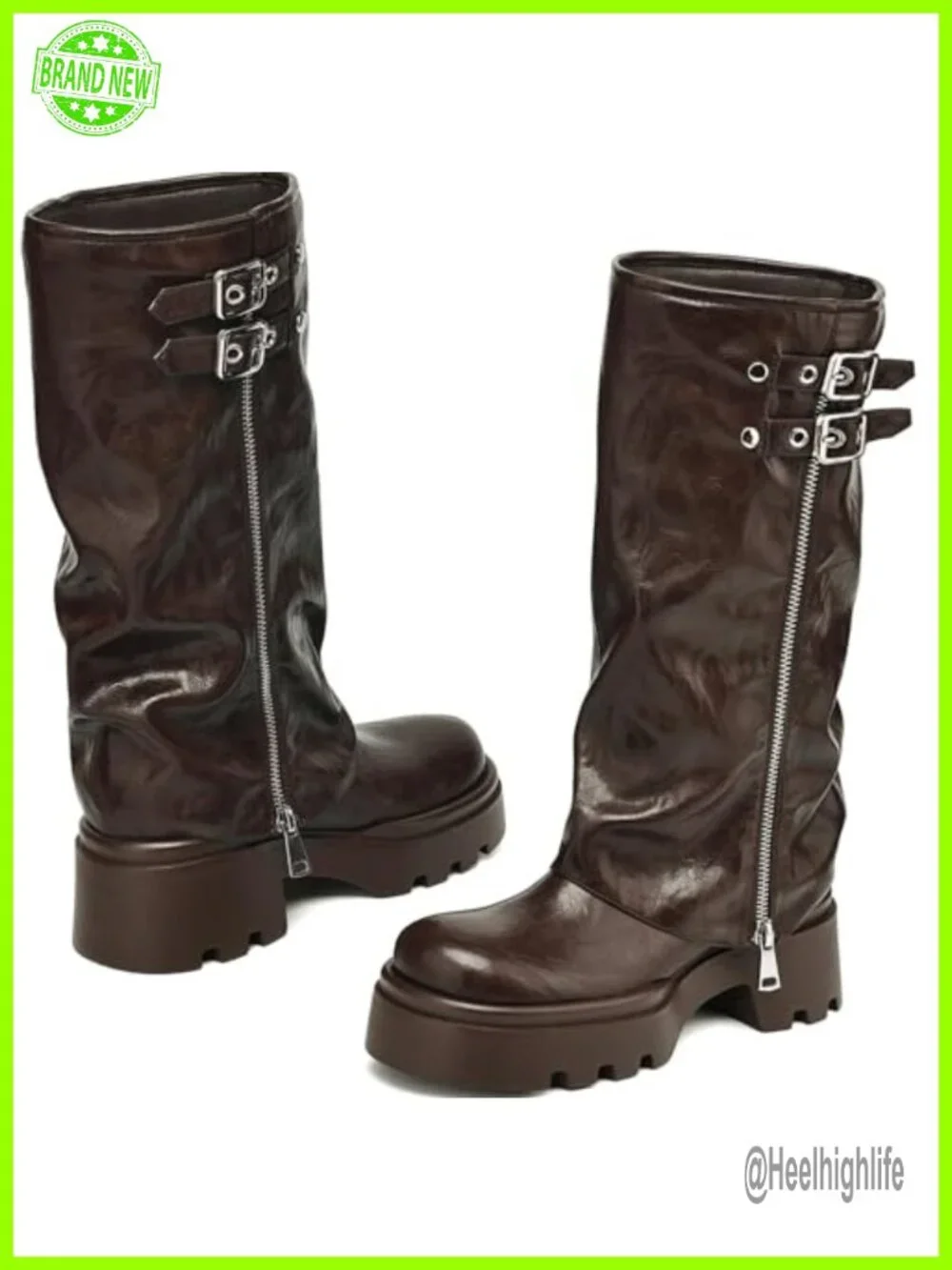 Fold Over Knee High Platform Moto Boots with Buckle Straps Chunky Low Heel Wide